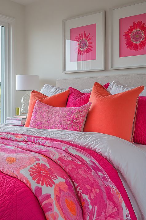 Elevate your bedroom decor with these stunning white and pink bedroom ideas. Explore elegant furniture, beautiful textiles, and captivating artwork. Discover how to create a space that feels both inviting and stylish. Find inspiration for white and pink bedroom decor that will make your space feel like a true retreat. Orange Pink Room, Coral Bedroom Ideas, Bright Pink Bedroom, Pink Orange Bedroom, White And Pink Bedroom Ideas, White Pink Bedroom, White And Pink Bedroom, Sunset Bedroom, Pink Bed Canopy