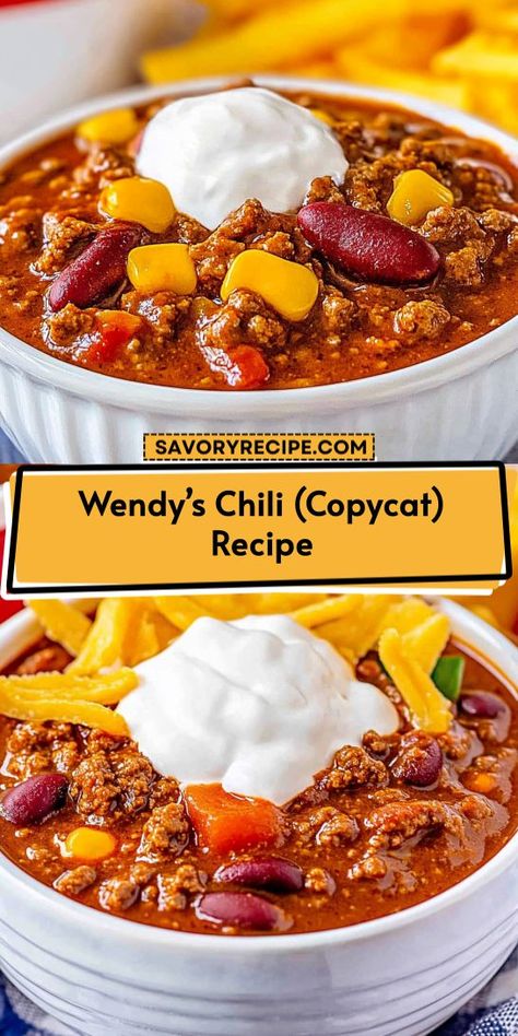 Looking for a satisfying chili recipe that rivals Wendy’s? This copycat version is not only delicious but also easy to whip up for any occasion. Be sure to save it for your next family dinner or game day feast—perfect for spice lovers and comfort food enthusiasts alike! Wendys Chili Recipe Instapot, Wendy’s Chili Six Sisters, Wendy's Salad Copycat Recipes, Wendy’s Copycat Chili Crockpot, Souper Jenny Recipes, Wendys Chili Recipe With Tomato Juice, Wendy’s Chili Crock Pot, Easy Delicious Chili Recipes, Chili Recipe Wendys Copycat Recipes