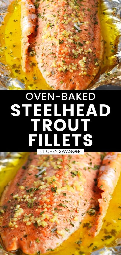 Bringing a taste of the ocean to your kitchen! This simple yet flavorful oven-baked steelhead trout fillet dish is sure to be a hit. We combine fresh garlic, lemon, and butter for an unbeatable combination of flavors. Serve this dish with your favorite side for an incredibly delicious dinner! Trout Recipes Oven, Baked Trout Fillet, Steelhead Recipes, Steelhead Trout Recipe Baked, Steelhead Trout Recipe, Trout Fillet Recipes, Baked Trout, Trout Recipe, Fish Fillet Recipe