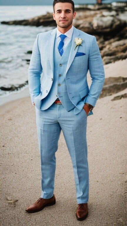 Suits For Groomsmen, Linen Suit For Men, Beige Linen Suit, Men Suit Outfit, Groomsmen Colours, Blue Linen Suit, Linen Suits For Men, Blue Groomsmen, Beach Wedding Groom