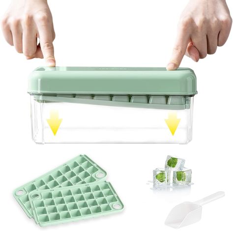 The ice cube tray with lid and bin is made with better materials and design, the golden diagonal principle, press the ice cube tray with the lid and easily press to make the ice compartment twist, you can easily release all the ice cubes in one second. Easy to do without having to touch the ice. Chill Drinks, Stackable Storage Boxes, Freezer Containers, Ice Scoop, Ice Ball, Refrigerator Storage, Ice Cube Molds, Ice Cube Trays, Ice Box