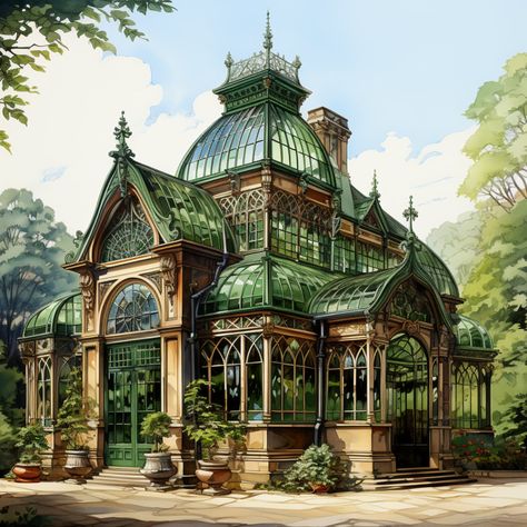 Greenhouse For Entertaining, Minecraft Victorian Greenhouse, Fantasy Greenhouse, Victorian Green House, Greenhouse Victorian, Elvish Architecture, Dream Bookstore, Glass Green House, Art Nouveau House