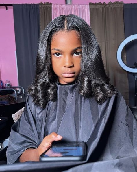 Silk Presses On Natural Hair, Curly Silk Press Natural Hair Middle Part, Sew In With Short Leave Out, Sew In Kids Hairstyles, Cute Silk Press Hairstyle Short, Little Black Girls Hairstyles For Kids Silk Press, Straight Short Natural Hair, Black Girls Hairstyles Silk Press, Silk Press Pin Curls