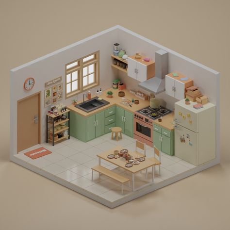 Isometric Kitchen, on ArtStation at https://www.artstation.com/artwork/qQqxXN Isometric Art Kitchen, 3d Isometric Design, 50s Room, Isometric Kitchen, Isometric Rooms, Isometric Room, Blender Render, Kitchen 3d, 3d Isometric