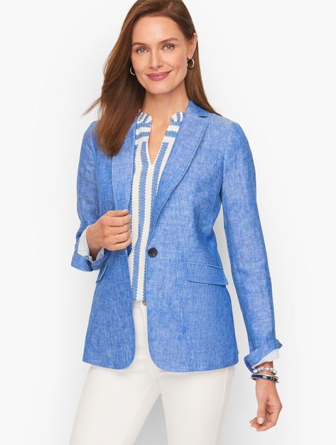 Casual Linen Blazer. Look effortlessly pulled together. Designed from lightweight plain weave linen for a tailored fit. With flap pockets, faux horn buttons at closure and cuffs, and topstitching. Fully lined. Features Long sleeve Hits at hip Button front closure Flap front pockets Lined Imported Fit: Misses: 26"; Petite: 24 1/2"; Plus: 28"; Plus Petite: 26" Material: 100% Linen; Lining: 100% Polyester Care: Dry Clean | Casual Linen Blazer Talbots Blue Linen Blazer, Jump Suits, Blue Outfits, Summer Blazer, Cropped Blazer Jacket, Wedding Clothes, Linen Casual, Classic Blazer, Detailed Sweater