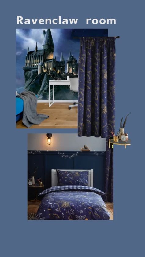 Ravenclaw Harry Potter Room Decor Ravenclaw Room Decor, Ravenclaw Room Ideas, Slytherin Room Ideas, Ravenclaw Bedroom, Ravenclaw Room, Harry Potter Bedroom Ideas, Hufflepuff And Slytherin, Slytherin Room, Hogwarts Room