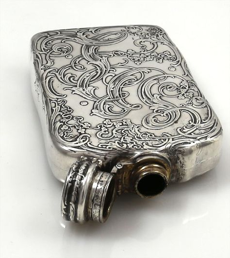 Tiffany antique sterling silver flask with acid etched decoration Alcohol Flask Aesthetic, Hip Flask Aesthetic, Flask Aesthetic, Whisky Flask, Antique Flask, Flask Art, Metal Casting Jewelry, Alcohol Flask, Silver Flask