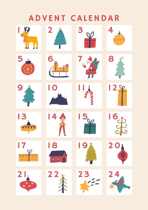 Colorful Cute Christmas Advent Calendar Poster. Canva Template Design by Anka Drozd Advent Calendar Template, Christmas Advent Calendar 2022, Advent Calendar Digital, Christmas Advent Calendar Numbers, Silly Advent Calendar For Kids Digital, Calender Print, Free Printable Advent Calendar Numbers Countdown To Christmas, Calendar Graphic, Calendar Poster