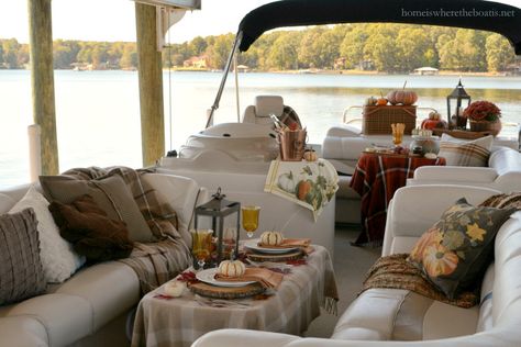 Fall Pontoon Picnic | homeiswheretheboatis.net #plaid Pontoon Boat Party, Pontoon Party, Party Boats, Lake Boats, Pontoon Boat Accessories, Mums In Pumpkins, Party Barge, Boat Decor, Lake Boat