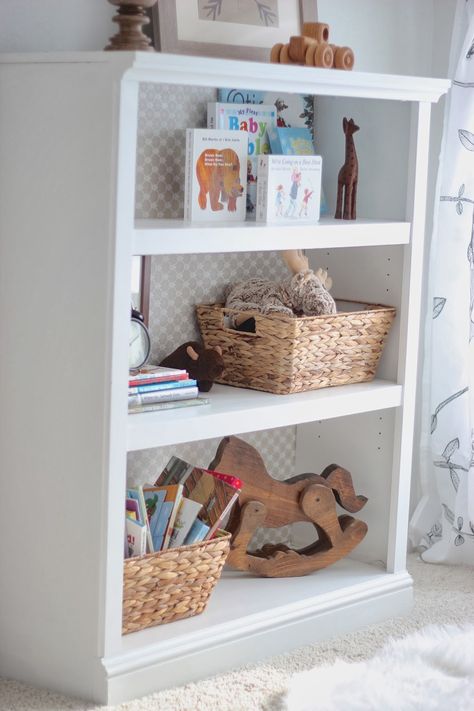 behind the red barn door: gender neutral nursery nook Bookshelf Decorating Ideas, Nursery Bookcase, Book Shelf Styling, Red Barn Door, Nursery Nook, Room Bookshelf, Nursery Bookshelf, White Bookshelves, Kid Rooms