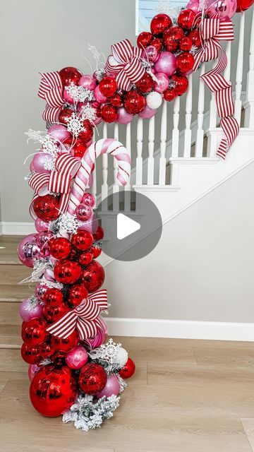 Jeanna Crawford on Instagram: "ALL NEW for you ❤️

Are we ready for 2024 Christmas decor, designs and trends!? 

Because I am! 

We’re kicking off with red mirror balls, my JLC signature stair garland recipe and a whole lot of CHRISTMAS JOY. 

Want the specifics? I’ll give the details in comments - I’ll see you there!

#pinkchristmas #redandwhitechristmas #candychristmas #christmas #christmasdecor #christmas2024 #christmasdecorator #christmasstairs #christmasgarland #decoratewithme #christmastrends" Candy Cane Staircase, Stair Christmas Decor Ideas, Stair Railing Ideas Christmas Decor, Garland Christmas Decor Ideas, Stairs Christmas Decor Ideas, Stair Railing Christmas Decorating Ideas, Stairs Christmas Decorations, Christmas Bannister Ideas, Red And White Christmas Tree Ideas