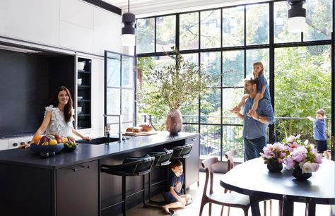 Inside This Young Family's Cozy West Village Townhouse | Architectural Digest Kitchen Opening, West Village Townhouse, New York Townhouse, Townhouse Interior, Doors Kitchen, Bronze Pendant Light, Classical Interior, Degree Design, Sleek Kitchen