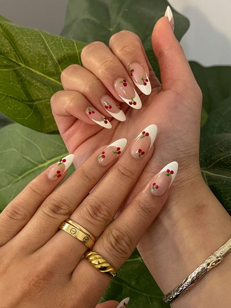 Red Gel Nails Designs Ideas, Cherry Nail Art Design, French Tips With Cherries, Cherry Nail Ideas, Cherry Nails Designs, Cherries Nails, Nails With Cherries, Skincare Vanity, Nail Poses