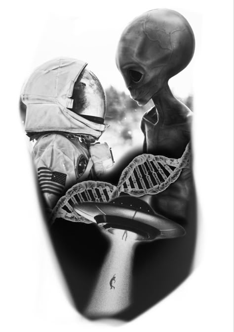 Alien astronauta tattoo realismo preto e cinza Alien Ufo Tattoo, Ufo Tattoo Design, Alien Tattoo Design, Cool Space Tattoos, Tattoo Alien, Space Tattoo Ideas, Forearm Cover Up Tattoos, Ufo Tattoo, Baby Tattoo Designs