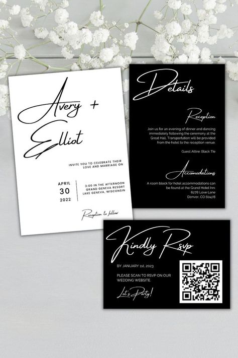 Modern and simple black and white wedding invitations. Let guests easily RSVP with a QR code response card leading to your wedding website. Simple Black And White Wedding, Wedding Invitation Black, Modern Wedding Invitation Suite, Digital Wedding Invitations Templates, Simple Wedding Invitation, Minimalist Wedding Invitation, Black And White Wedding Invitations, Modern Wedding Invitation, White Wedding Invitations