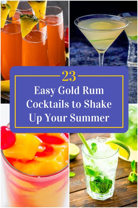 Collage of 4 easy gold rum cocktails. Gold Rum Cocktail Recipes, Bacardi Gold Rum Drinks, Gold Rum Cocktails, Rum Drinks Easy, Bacardi Gold, Rum Drinks Recipes, Girly Drinks, Gold Rum, Rum Cocktail Recipes