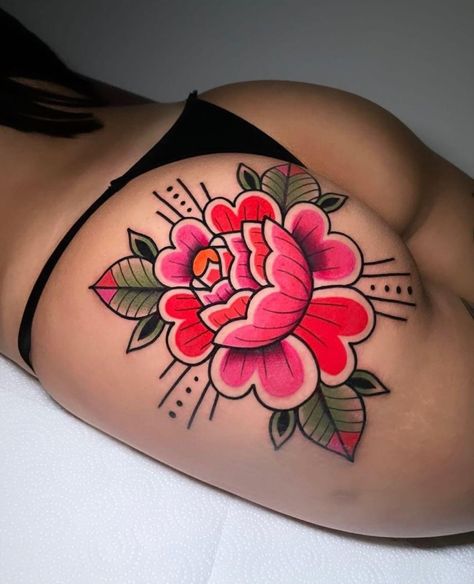 Hip Tattoo American Traditional, Traditional Tattoo Ideas Female, Hip Tattoos Women Traditional, Thigh Hip Tattoo Traditional, Marjorie Tattoo, Thigh Tattoo American Traditional, Traditional Leg Sleeve Women, American Traditional Sun Tattoo, Tradition Style Flower Tattoo