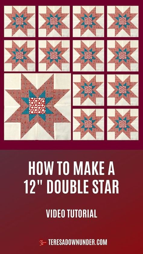 Double star quilt block – video tutorial | Sewn up, TeresaDownUnder | Bloglovin’ Double Star Quilt Pattern, Star Quilt Pattern, Scrap Fabric Projects, Star Quilt Blocks, Star Quilt Patterns, Modern Quilt Patterns, Quilted Table, Quilted Table Runners, Star Quilts