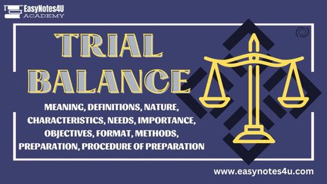 Trial Balance: Meaning, Definitions, Nature, Characteristics, Needs, Importance, Objectives, Format, Methods, Preparation, Procedure of preparation Easy Notes, Accounting Process, Trial Balance, General Ledger, Double Entry, Income Statement, Balance Sheet, Mock Test, Financial Statement