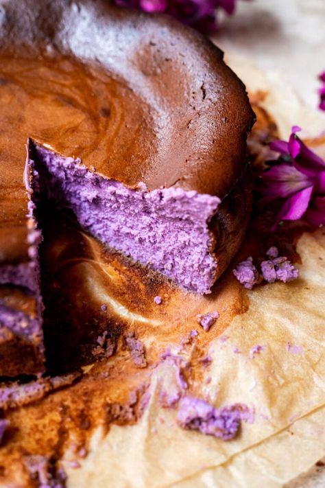 Ube Basque Cheesecake (with natural ube flavor) - Cooking Therapy Ube Basque Cheesecake, Taro Desserts, Ube Cheesecake Recipe, Ube Extract, Ube Cheesecake, Cooking Therapy, Ube Halaya, Ube Recipes, Basque Cheesecake