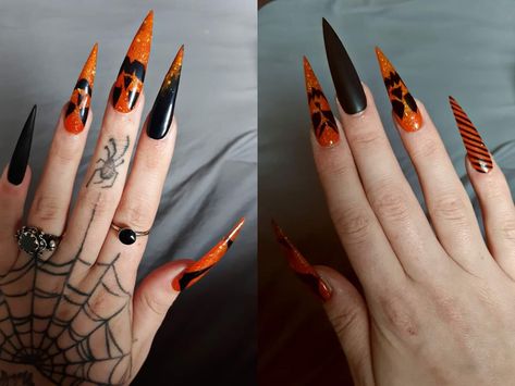 halloween spooky jack o lantern jacko' lantern stilettos nails orange and black Candy Corn Stilleto Nails, Spooky Halloween Nails Orange, Halloween Nail Designs Jack O Lantern, Orange Halloween Nails Ideas, Halloween Nails Long Stiletto, Xxxl Halloween Nails, Jelly Halloween Nails, Halloween Acrylic Nails Stiletto, Halloween Orange And Black Nails