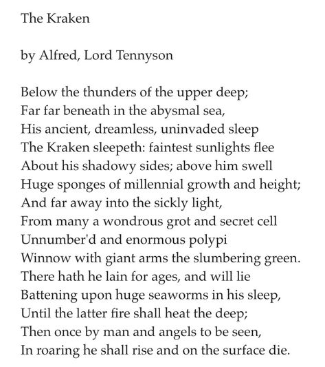 The Kraken - Alfred Lord Tennyson Kraken Quotes, Alfred Lord Tennyson, Beautiful Poetry, Famous Words, English Literature, Magic Words, Writing Quotes, Kraken, Upper Elementary