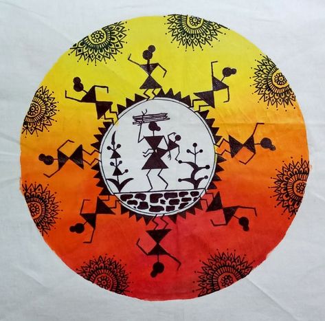 Warli Fabric Painting with the concept of Indian Tradition Warli art on cotton by using fabric colors... Warli Art On Fabric, Warli Art Designs On Fabric, Worli Painting On Fabric, Warli Art Rangoli, Indian Folk Art Drawing, Warli Painting Ideas On Paper, Chhattisgarh Culture, Warli Art Easy, Lkg Activities