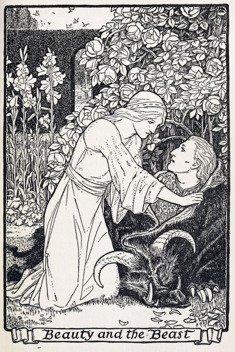 Beauty and the Beast. Illustration by John D. Batten to The master-maid. From… Andrew Lang, Walter Crane, Francoise Hardy, Fairytale Illustration, Deviant Art, Fairy Book, Arte Sketchbook, Art Et Illustration, Fairytale Art