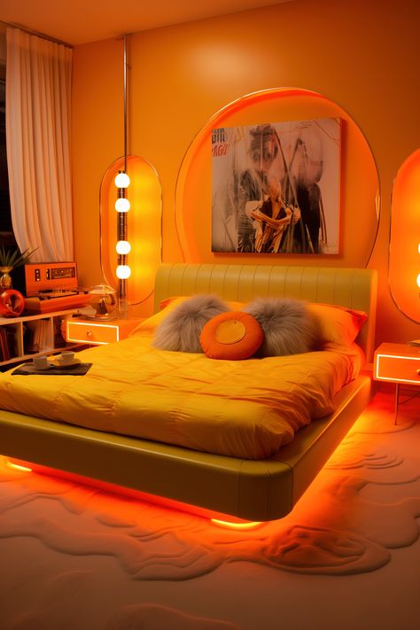 This neon bedroom radiates retro charm with neon orange and yellow lights highlighting vintage furniture and decor, creating a nostalgic atmosphere. 60s Mod Bedroom Aesthetic, Room Decor Bedroom Orange, Neon Lights Interior Design, Retro Futurism Room Decor, Bedroom Inspirations Vintage Retro, Light Orange Bedroom Ideas, Retro Cozy Bedroom, Bedroom Inspirations Neon, Orange Yellow Bedroom Ideas