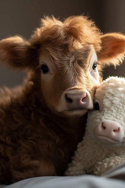 Cute cow with his doll cow Pet Cows, Cow Photography, Mini Cows, Baby Farm Animals, Fluffy Cows, Cow Pictures, Cute Small Animals, Baby Cow