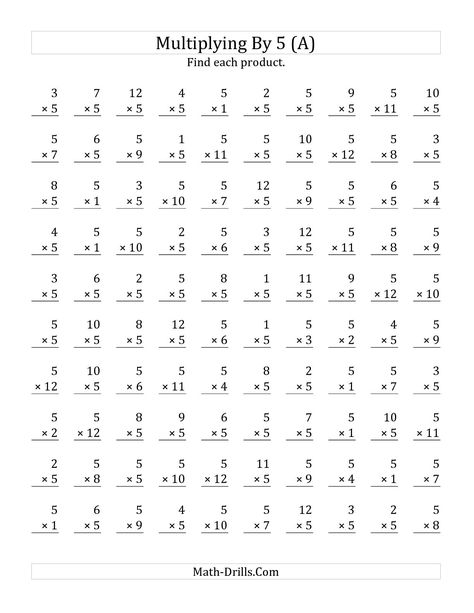 The Multiplying 1 to 12 by 5 (A) math worksheet from the Multiplication Worksheet page at Math-Drills.com. Multiplication Drills, Multiplication Timed Test, Free Multiplication Worksheets, Times Tables Worksheets, Printable Multiplication Worksheets, Multiplication Facts Worksheets, Math Multiplication Worksheets, Multiplication Worksheet, Math Fact Worksheets