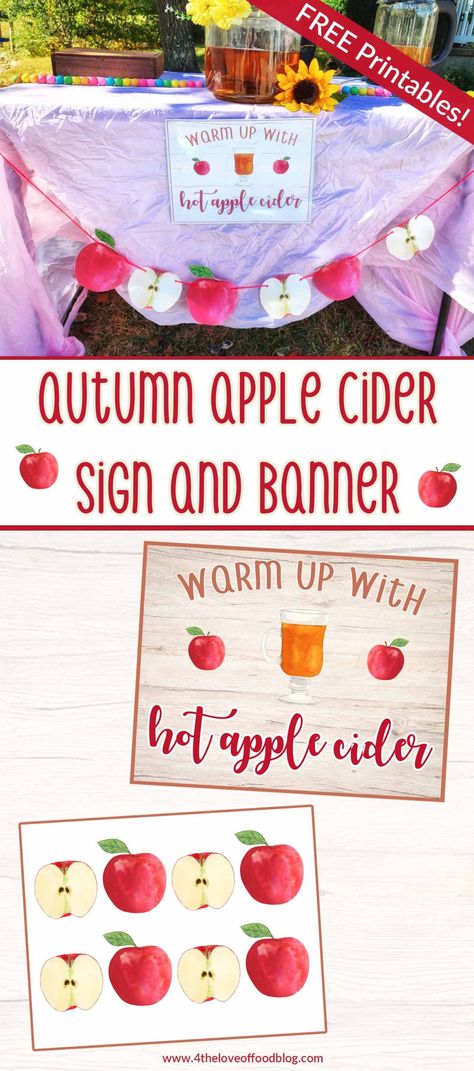 In honor of our favorite season I created this farmhouse inspired printable Apple Cider sign along with an adorable apple print DIY banner.  You can frame the sign and hang the banner on your mantle or in the kitchen or as my girls did, have a Autumn Apple Cider Stand and use the printables to decorate! Apple Cider Sign Printable, Apple Signs Free Printable, Apple Cider Quotes, Apple Cider Stand, Cider Stand, Apple Cider Sign, Apple Theme Parties, Apple Banner, Apple Cider Bar