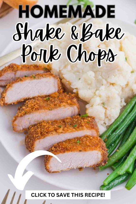 The nostalgia will set in when you make these Shake and Bake Pork Chops, but the FLAVOR of these delicious pork chops doesn't come close to the shake and bake mix! These juicy pork chops use simple ingredients, yet pack a huge flavor punch. The best part? It's a quick weeknight dinner that's done in about 30 minutes! This pork chop recipe is made in the oven and is an easy pork chop meal. This is an easy dinner recipe that is family-friendly. Shake Bake Pork Chops, Oven Baked Pork Chop Recipe, Baked Pork Loin Chops, Shake And Bake Pork Chops, Baked Bbq Pork Chops, Delicious Pork Chops, Bake Pork Chops, Shake And Bake Pork, Baked Pork Loin