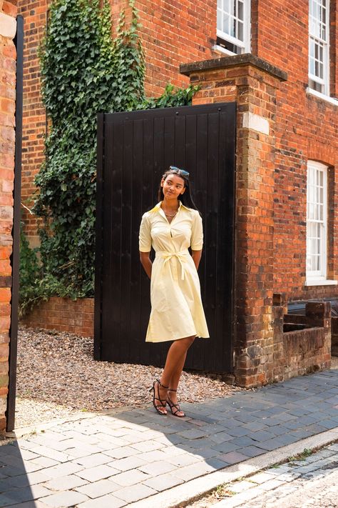 Classic short-sleeve shirt dress in yellow poplin cotton, ideal for holidays and the hot weather. Designed with comfort in mind, the back features an elastic waistband with a ruching effect. The attached belt can be knot in the front or back to accentuate the waistline. Complete with side splits and hidden pockets for functionality. 100% Cotton poplin Light weight non-stretchy fabric Machine wash at 30 degrees Made in Britain Yellow Belt, Summer Color Palette, Brand Magazine, Short Sleeve Dress Shirt, August Birthstone Jewelry, July Birthstone Jewelry, Study Style, Side Splits, Blazer With Jeans