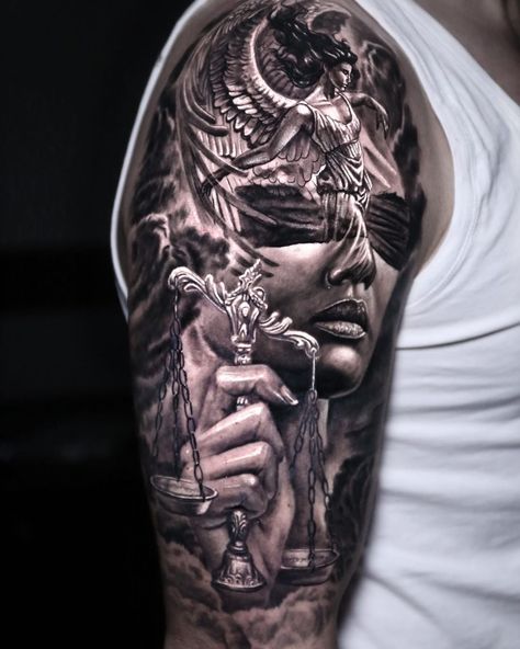 Justice Tattoo, Libra Tattoo, Skull Sleeve Tattoos, Skull Sleeve, Realistic Tattoo Sleeve, Men Tattoos Arm Sleeve, Religious Tattoos, Tattoo Artwork, Greek Tattoos