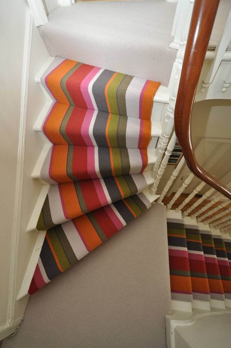 A bold striped runner from www.bowloom.co.uk Rainbow Stair Runner, Stairs And Landing Ideas, Staircase Carpet Runner, Cottage Stairs, Striped Stair Runner, Carpet Staircase, Striped Carpets, Under Stairs Cupboard, Metal Stairs