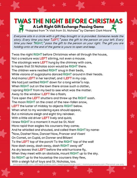 Christmas Right Left Game, Nativity Poem, Christmas Story Party Ideas, Gift Exchange Story, Christmas Left Right Story, Right Left Game, Snowman Song, Left Right Christmas Game, Santa Story