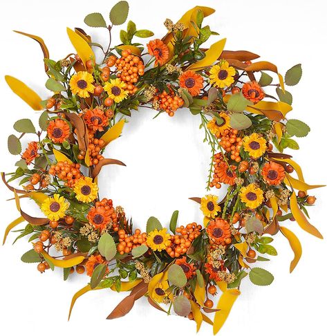 Dremisland Artificial Fall Floral Wreath 20 Inch Orange Daisy Wreath Fall Harvest Wreath for Front Door Autumn Wildflowers Wreath Wall Window Decor Thanksgiving & Halloween Festival Decor Wall Window Decor, Fall Floral Wreath, Daisy Wreath, Orange Daisy, Wildflower Wreath, Country Wreaths, Harvest Wreath, Autumn Display, Door Wreaths Fall