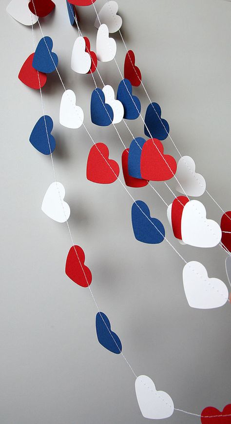 Fourth of July, Heart garland, Nursery decor, Red blue & white heart garland, Paper garland, Nautica Red White And Blue Baby Shower Ideas, Red White And Due Baby Shower Theme, 4th Of July Wedding Ideas, Red White And Blue Decorations, Firework Gender Reveal, Family Reunion Decorations, July Wallpaper, Garland Nursery Decor, 4th Of July Wallpaper