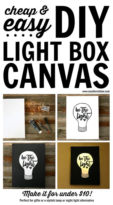 Cheap Easy DIY Light Box Canvas Art Project Ideas - under $10, weekend projects, craft, how to make, budget friendly, painting, LED fairy lights, kids bedroom, night light, custom lamp, unique quote wall decor Diy Art Projects Canvas, Canvas Tutorial, Light Box Diy, Diy Wall Decor For Bedroom, Diy Tumblr, Bedroom Night Light, Box Tutorial, Custom Wall Decor, Box Light