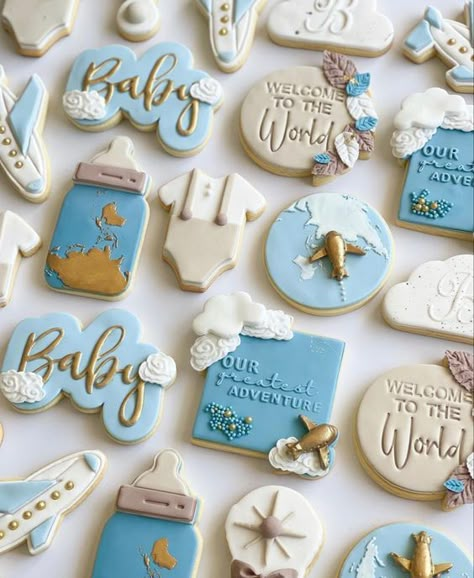 Welcome To The World Party, Travel Theme Desserts, Precious Cargo Baby Shower Theme, Flight Baby Shower Theme, Travel Theme Gender Reveal Ideas, Travel Gender Reveal, Travel Theme Baby Shower Ideas Boy, Baby Boy Airplane Shower Ideas, The Adventure Awaits Baby Shower Theme