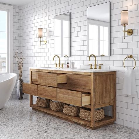 Oakman Mango Wood Single Sink Carrara White Marble Countertop Bath Vanity - On Sale - Bed Bath & Beyond - 37986059 Oil Rubbed Bronze Faucet, Gold Faucet, Wood Backsplash, Bathroom Size, Chrome Faucet, White Marble Countertops, Marble Countertop, Widespread Bathroom Faucet, Large Bathrooms