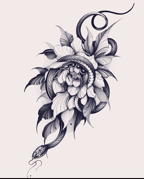 Snake Flowers Tattoo Design, Snake And Peony Tattoo Design, Floral Snake Tattoo Design, Snake Flower Tattoo, Snake And Flowers Tattoo, Simple Tattoos For Guys, Tattoo Line, Chrysanthemum Tattoo, Throat Tattoo