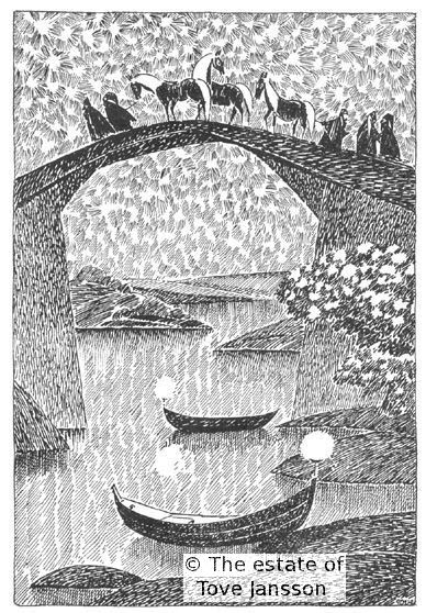 Bridge to Rivendell, one of Tove Jansson's illustrations to the Hobbit. From a list of illustrations from the non-Moomin books @ http://www.zepe.de/tjillu/index.html Magical Illustration, Sky Drawing, John Kenn, Tolkien Illustration, Tove Jansson, White Drawing, Illustration Vintage, Legolas, Gandalf