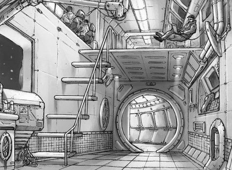 Sci fi drawing  of interior of space ship - artist unknown Spaceship Drawing, Concept Art Landscape, Scifi Interior, Interior Concept Art, Art Spatial, Space Ships Concept, Spaceship Interior, Bg Design, Sci Fi Environment