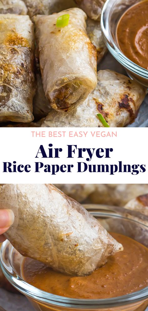 Fast, easy, and extremely flavourful, these Air Fryer Rice Paper Dumplings are so simple to make! Crispy on the outside, chewy inside, and loaded with healthy veggies and Asian-inspired flavors, these vegan rice paper dumplings are perfect for a party appetizer or snack. This vegan air fryer recipe is completely gluten-free as well! Healthy Rice Paper Dumplings, Air Fry Rice Paper Rolls, Rice Paper Egg Rolls Air Fryer, Spring Roll Air Fryer, Air Fryer Spring Rolls Recipe Rice Paper, Crispy Rice In Air Fryer, Vegan Dinner Air Fryer, Gluten Free Rice Paper Recipes, Gluten Free Vegan Air Fryer Recipes