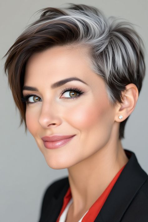 50 Stunning Pixie Cuts That Prove Age Is Just a Number for Women Over 60 Short Gray Hair With Lowlights Over 50, Gray Pixie Haircut Over 50, Longer Pixie Cut, Shaved Hairstyles, Gray Hair Pixie Cuts, Short Spiked Hair, Short Shaved Hairstyles, Choppy Haircuts, Age Is Just A Number