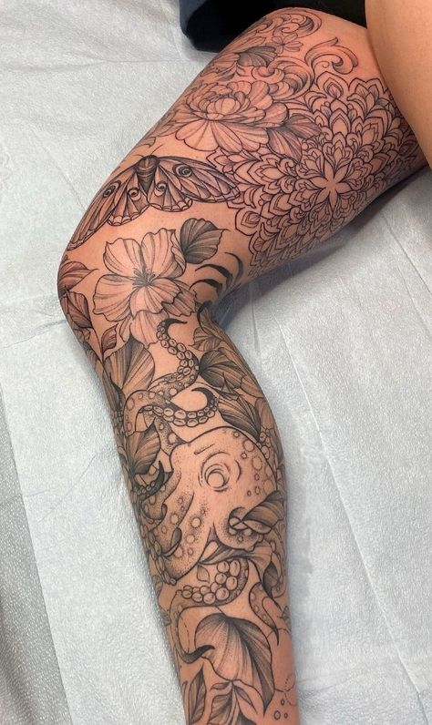 Nautical Leg Sleeve Tattoo Women, Legs Sleeve Tattoo, Womens Leg Sleeve Tattoo, Knee Ditch Tattoo, Women Leg Sleeve Tattoo Ideas, Floral Leg Sleeve Tattoo, Women Calves Tattoo, Covered In Tattoos, Tattoo Perna