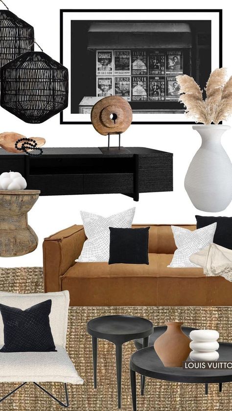 Black And Leather Decor, Black Cream Cognac Living Room, Cognac Couch Living Room Ideas Bohemian, Rustic Black Living Room, Tan White And Black Living Room, Dark Neutrals Home Decor, Black White Gray Beige Palette, Black Tan Cream Living Room, Tan White Black Living Room