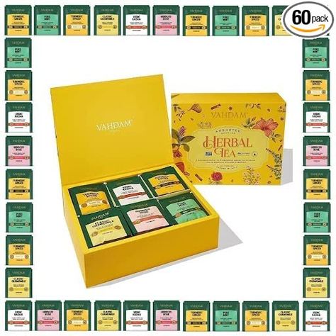 VAHDAM, Herbal Tea Sampler - 60 Count (6 Flavors, 10 Servings Each) Caffeine-Free Assorted Variety Pack - Direct from Source Tea Sampler Gift, Turmeric Spice, Best Herbal Tea, Caffeine Free Tea, Sampler Box, Tea Varieties, Tea Gift Sets, Tea Sampler, Herbal Tea Blends